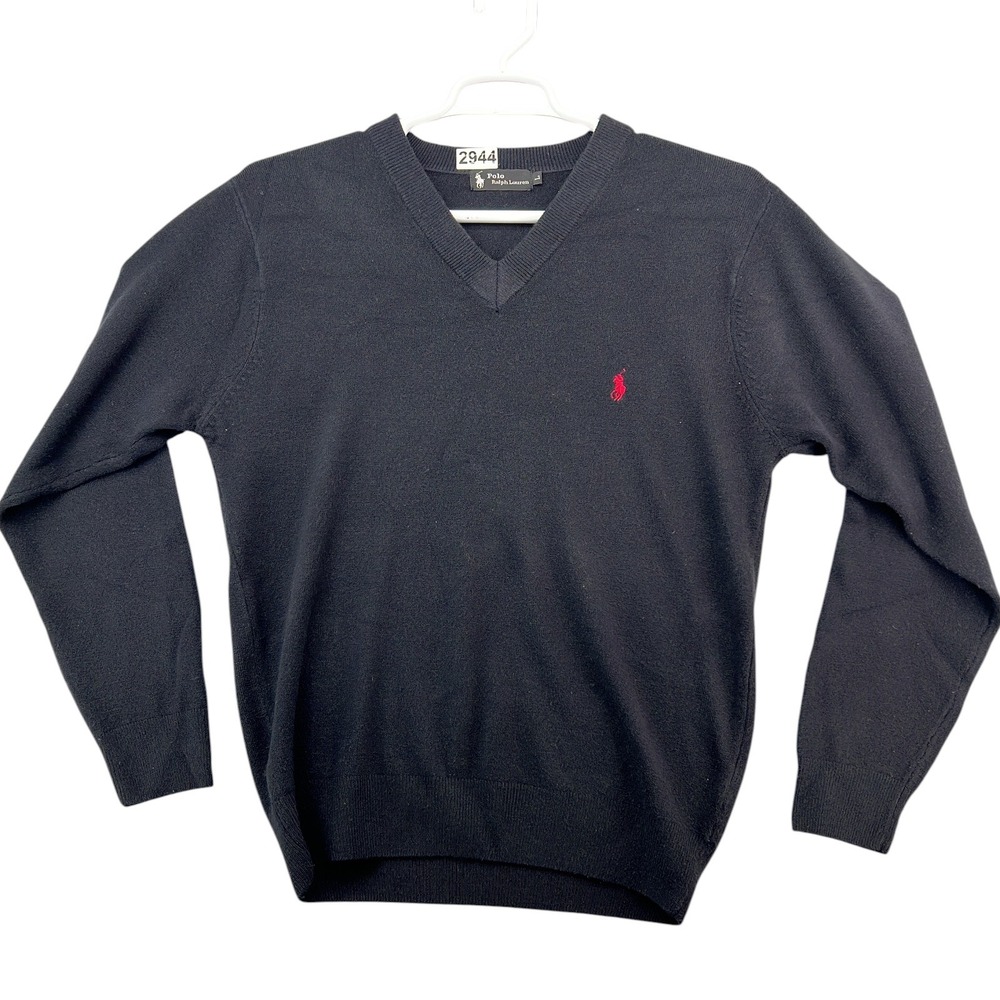 Polo Ralph Lauren Mens Black 100% Cashmere V-Neck Sweater Red Pony Logo Large